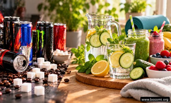 Persona sustituyendo una bebida energética por agua mientras organiza sus hábitos diarios