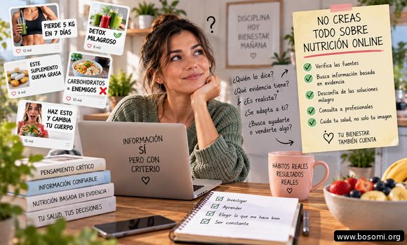 Persona consultando consejos de nutrición en redes sociales y comprobando su fiabilidad