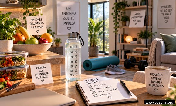 Escritorio organizado con objetos que facilitan hábitos positivos como leer, hidratarse y planificar el día