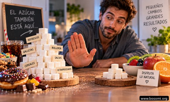 Persona comparando etiquetas de alimentos para reducir el azúcar añadido