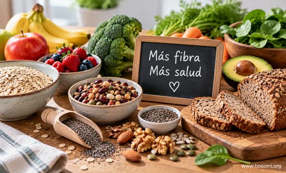 Alimentos ricos en fibra como legumbres, frutas, verduras y cereales integrales