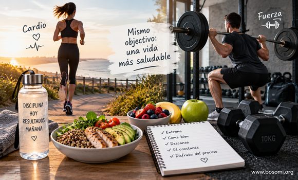 Persona combinando ejercicios de fuerza con entrenamiento cardiovascular en una rutina semanal